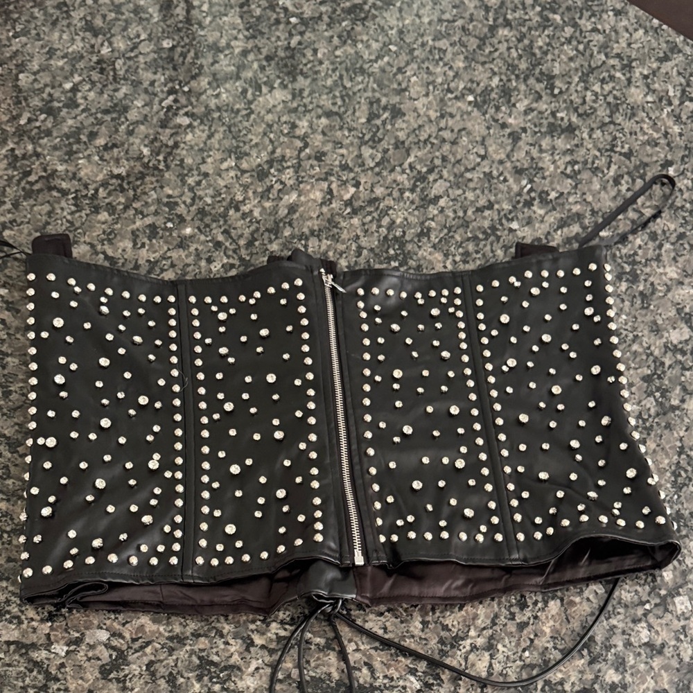 Black faux leather silver Studded Corset Top - Picture 6 of 8
